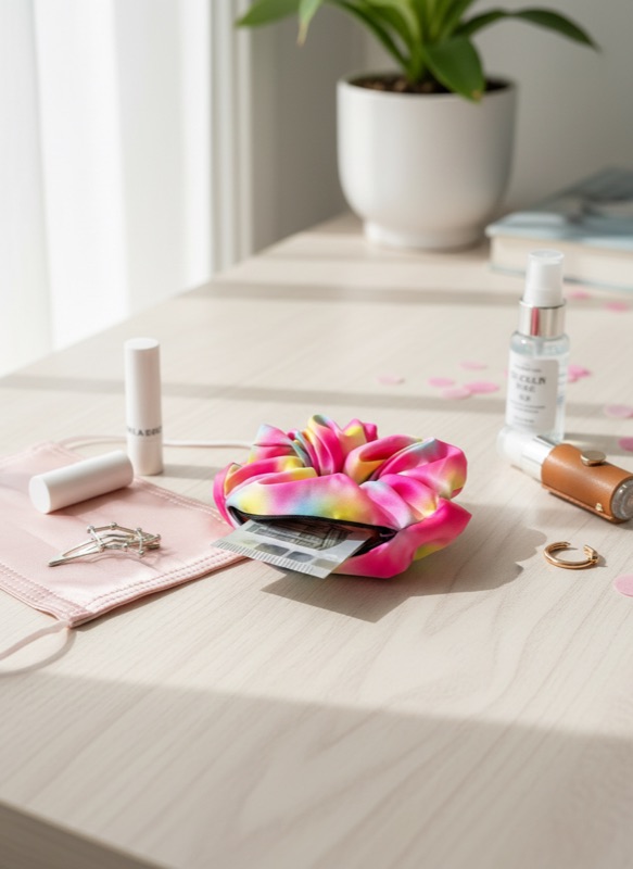 The opened Gradient scrunchie on a pale desk among hair clips, serum and a houseplant