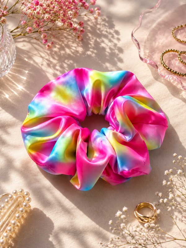 Carimé scrunchie in rainbow tie-dye on a sand-coloured surface with baby's breath and gold rings