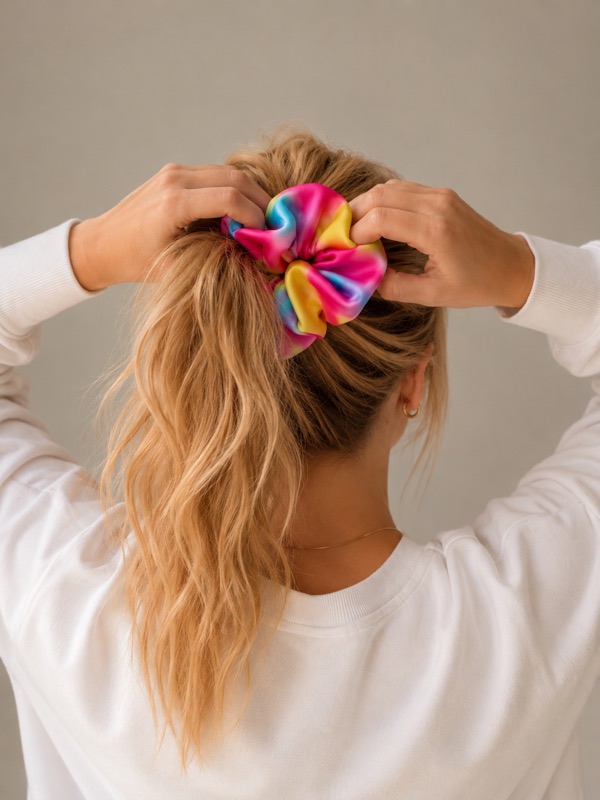 Frau von hinten bindet ihre blonden Haare mit dem Gradient-Scrunchie zu einem Pferdeschwanz